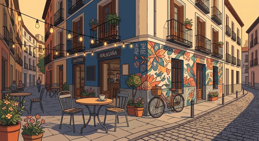 Café-Ecke im Stadtviertel Malasaña, Madrid