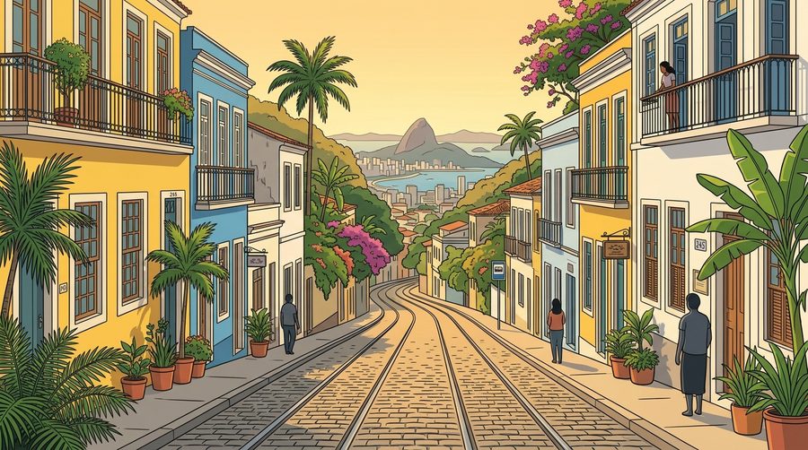 Straße mit Straßenbahnschienen in Santa Teresa, Rio de Janeiro