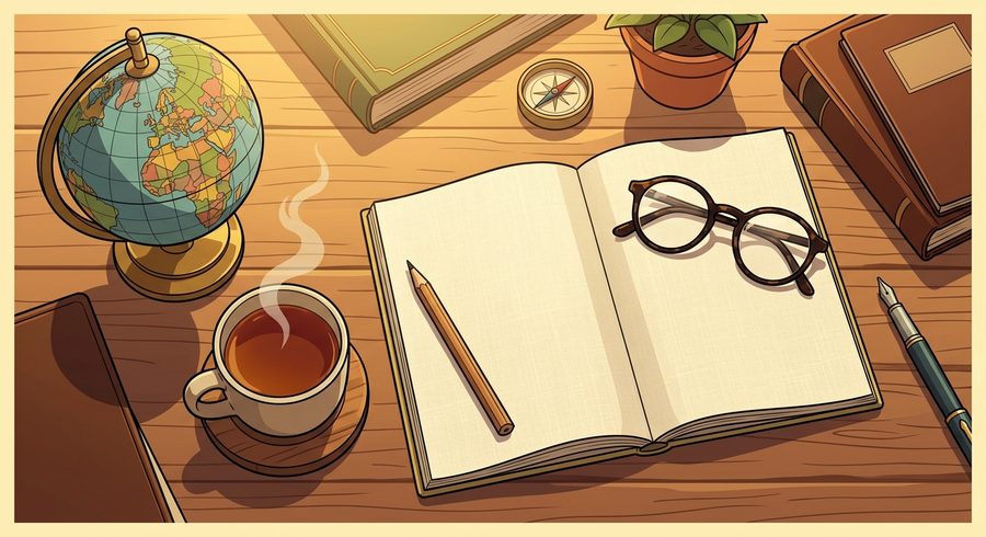 Schreibtisch mit Globus, Notizbuch und Kompass